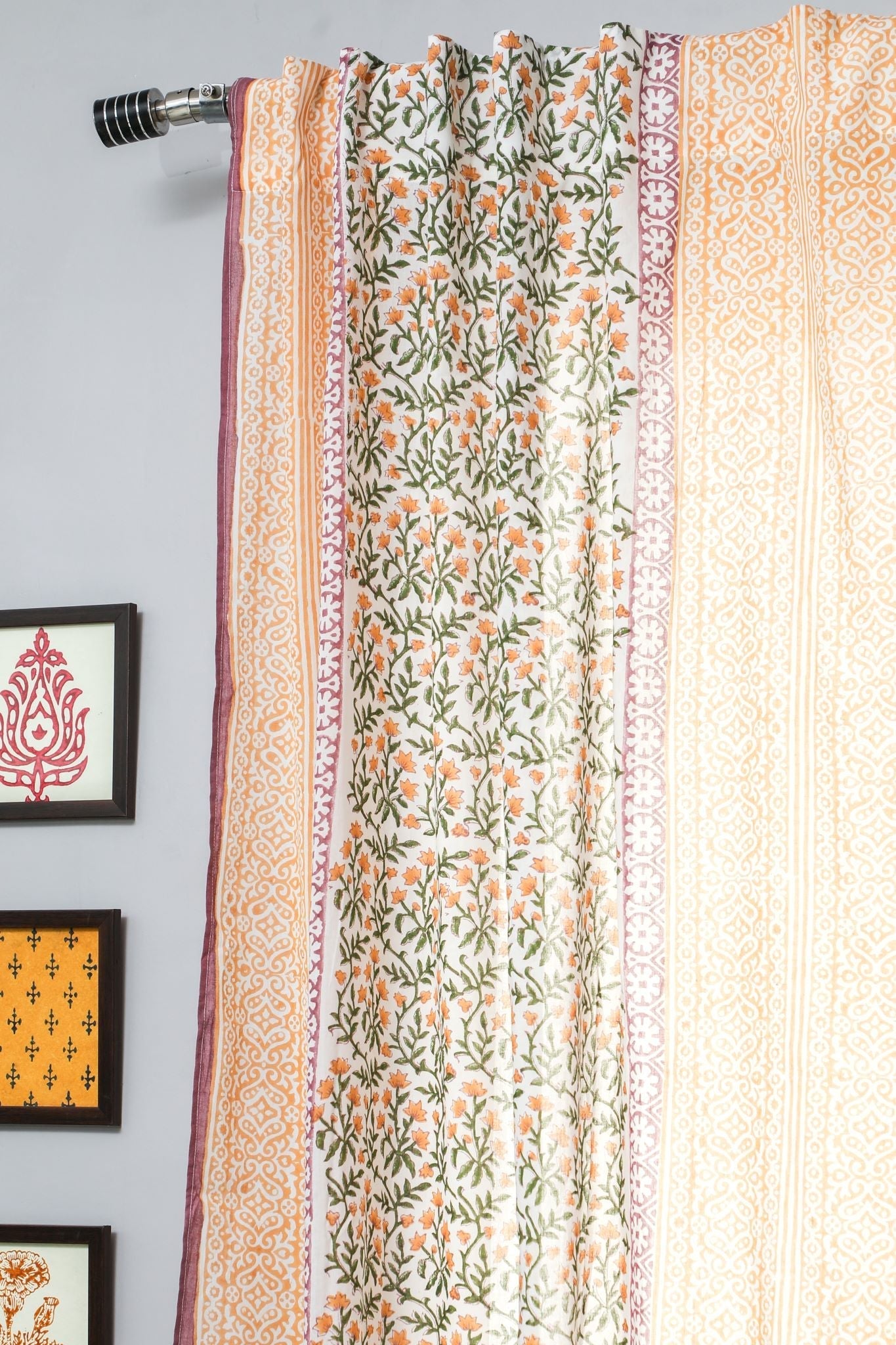 'Fairyland yellow' Handblock Printed Cotton Window Curtain - SootiSyahi