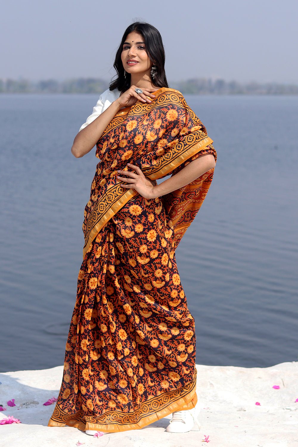 Glow of Autum Handblock Printed Chanderi Saree - SootiSyahi