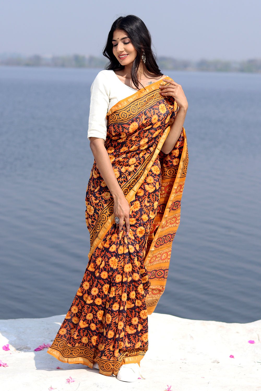 Glow of Autum Handblock Printed Chanderi Saree - SootiSyahi