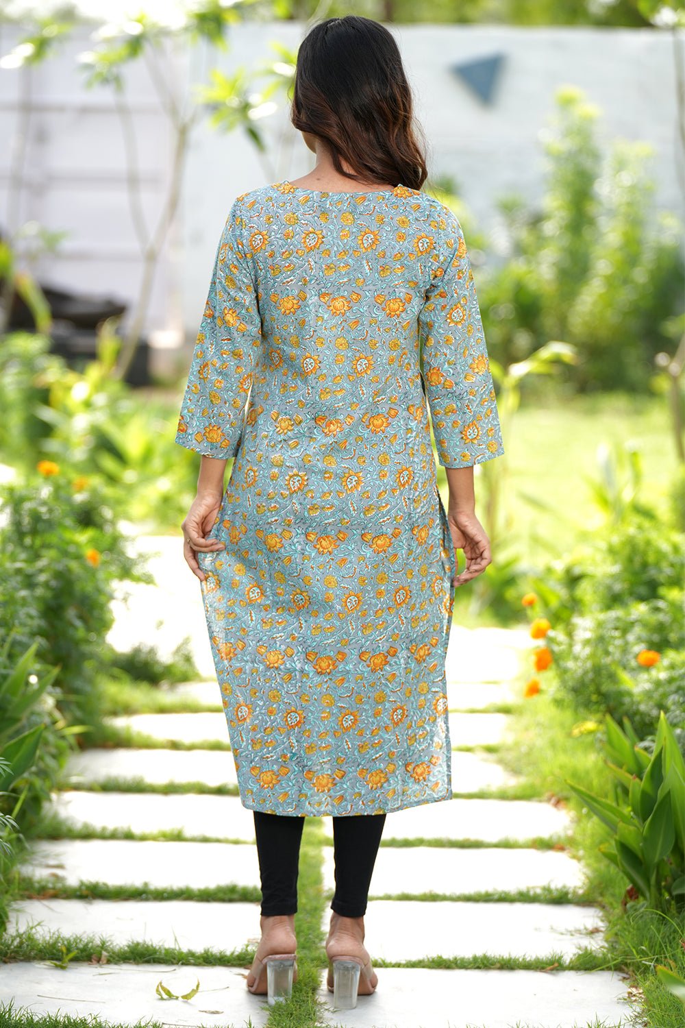 Greyed Saffron Handblock Printed Cotton Kurti - SootiSyahi