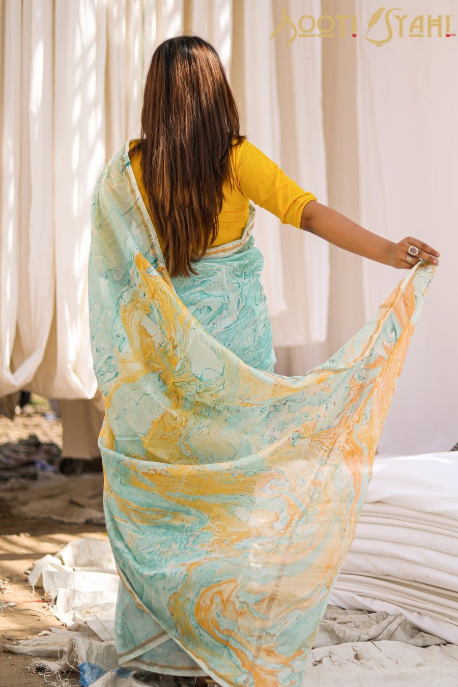 "HALCYAN" MARBLE PRINT CHANDERI SILK SAREE - SootiSyahi