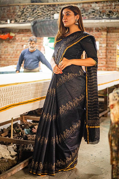 Hand Block Printed Chanderi SIlk Saree - SootiSyahi
