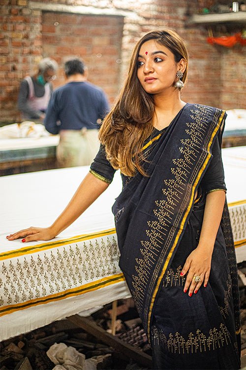 Hand Block Printed Chanderi SIlk Saree - SootiSyahi