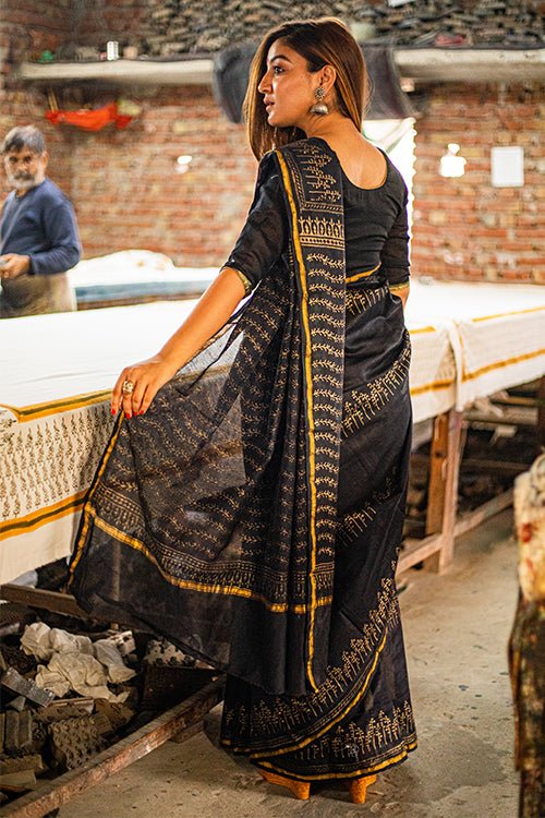 Hand Block Printed Chanderi SIlk Saree - SootiSyahi