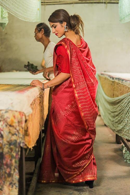 Handblock Print Chanderi Silk Saree - SootiSyahi