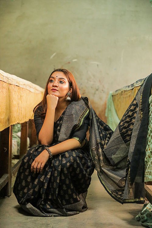 Handblock Printed Chanderi Silk Saree - SootiSyahi
