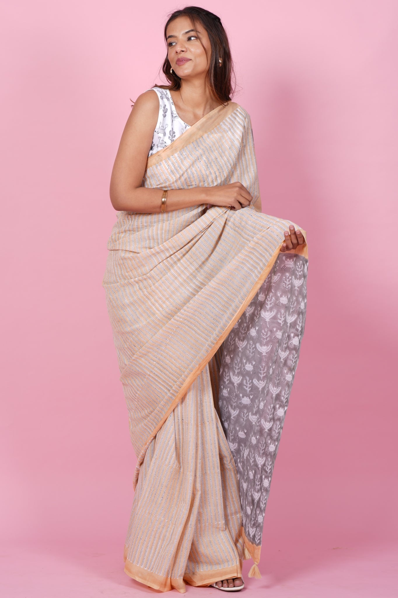 "King Crabs Gray" HANDBLOCK PRINT MUL COTTON SAREE - SootiSyahi