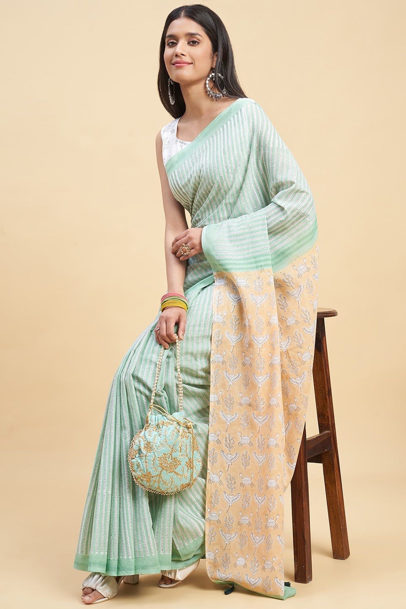 "King Crabs Greeny" HANDBLOCK PRINT MUL COTTON SAREE - SootiSyahi