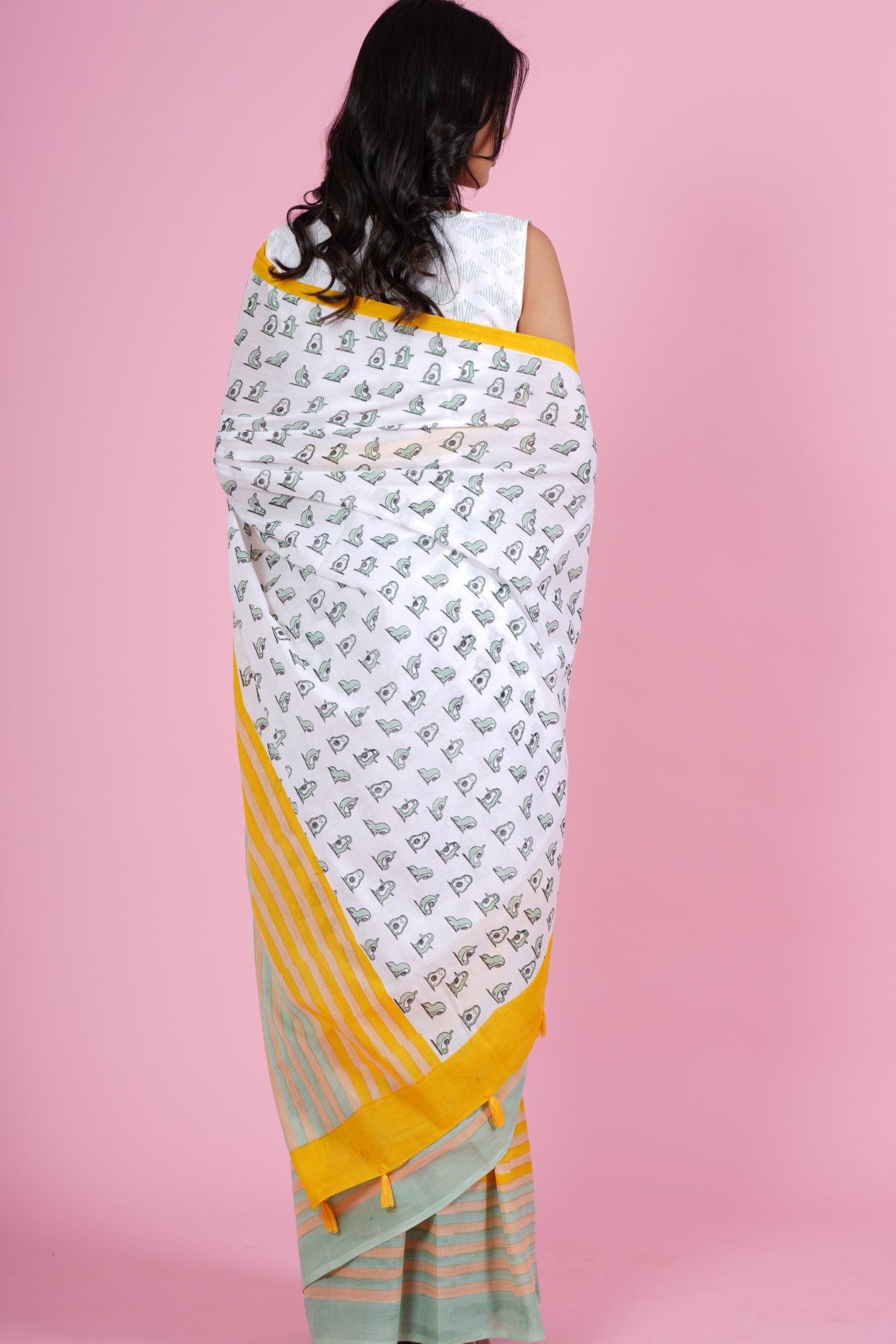 "Little Green Penguins"HANDBLOCK PRINT MUL COTTON SAREE - SootiSyahi
