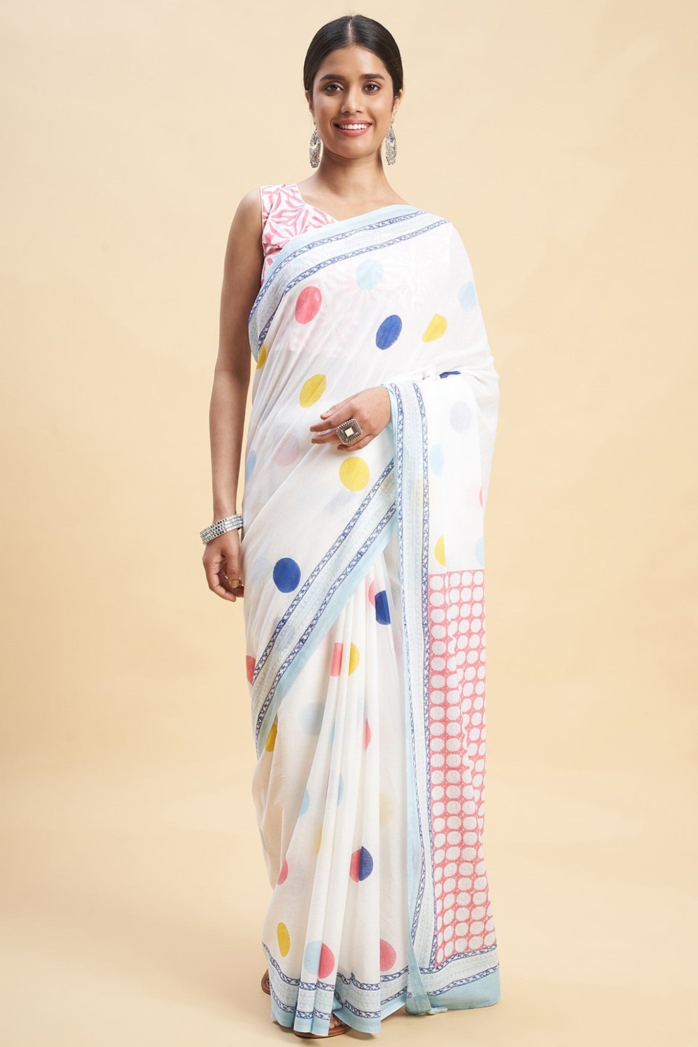 "Ocean Pearls'' Block Printed Cotton Saree - SootiSyahi