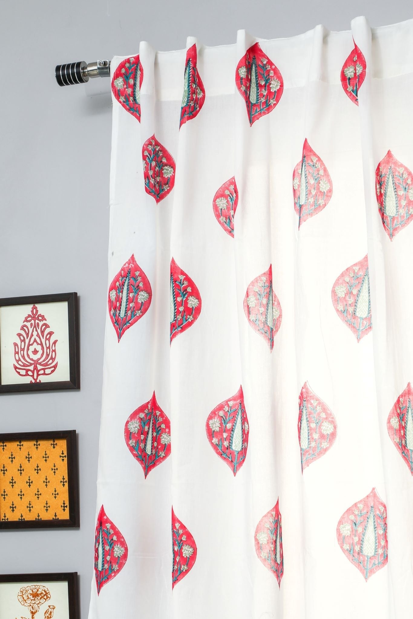 'Persian Palm' Handblock Printed Cotton Window Curtain - SootiSyahi