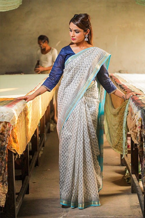 Pigment Handblock Print Maheshwari Silk Saree - SootiSyahi