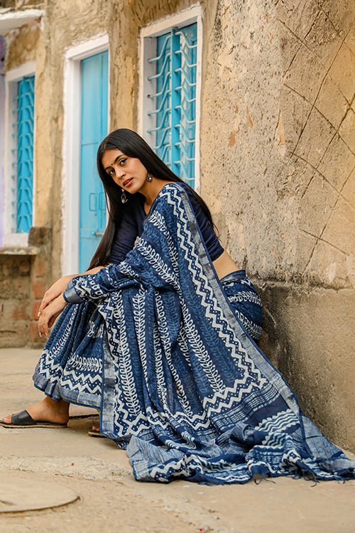 "RAPTURE" INDIGO HANDBLOCK PRINT SLUB COTTON SAREE - SootiSyahi