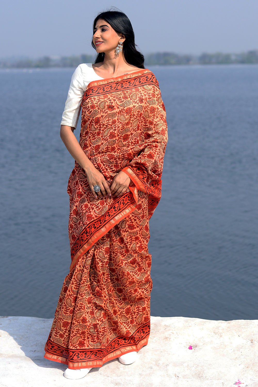 Saffron Flint Handblock Printed Chanderi Saree - SootiSyahi