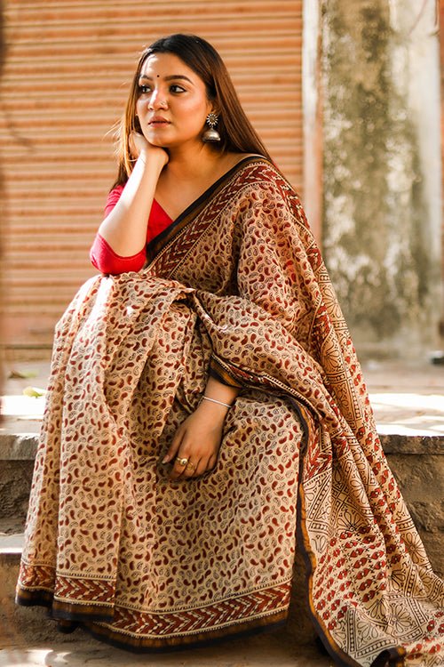 "Serendipity" BAGRU HANDBLOCK PRINT CHANDERI SILK SAREE - SootiSyahi