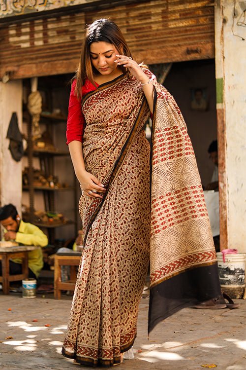"Serendipity" BAGRU HANDBLOCK PRINT CHANDERI SILK SAREE - SootiSyahi