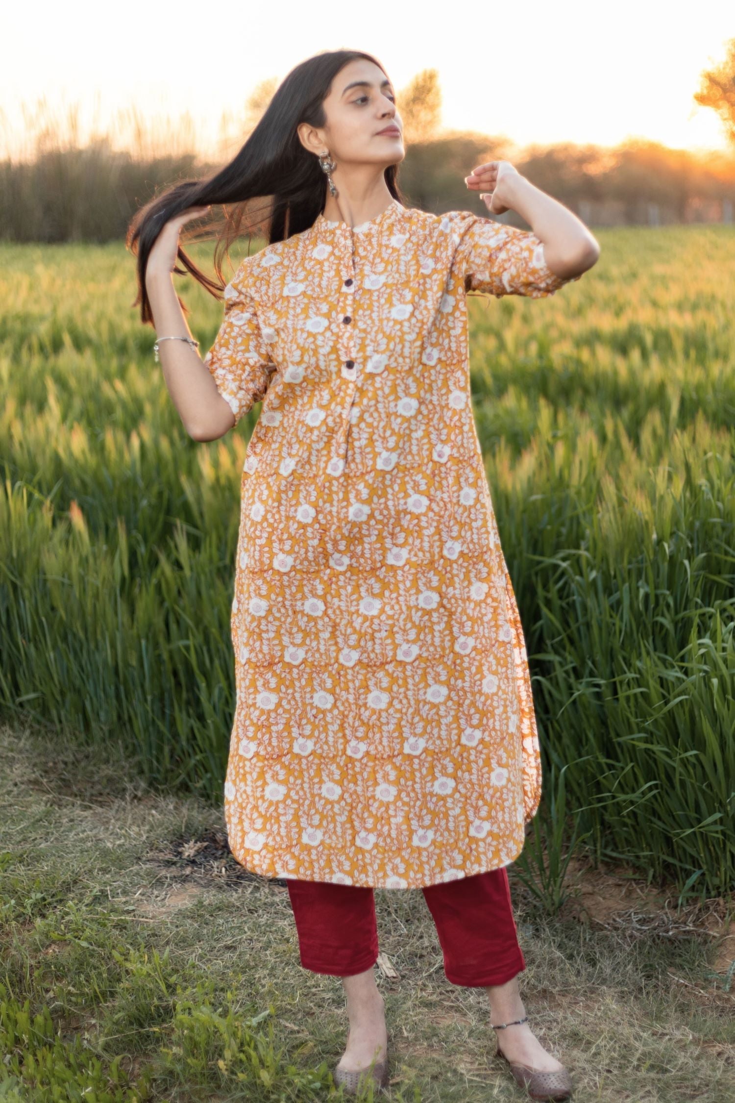 Sootisyahi 'Amber Delight' Azofree Handblock Printed Pure Cotton Kurti - SootiSyahi