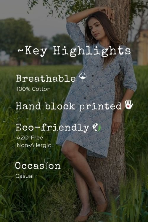 Sootisyahi 'Blue and Bay' Azofree Handblock Printed Pure Cotton Dress - SootiSyahi