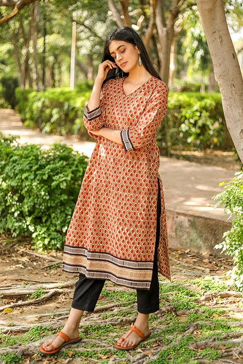 Sootisyahi 'Blushing Betel' Bagru Handblock Printed Pure Cotton Kurti - SootiSyahi