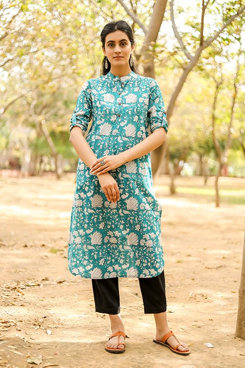Sootisyahi 'Buds and Bushes' Azofree Handblock Printed Pure Cotton Kurti - SootiSyahi