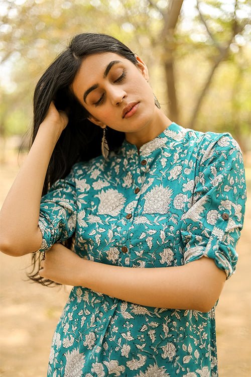 Sootisyahi 'Buds and Bushes' Azofree Handblock Printed Pure Cotton Kurti - SootiSyahi