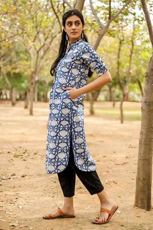 Sootisyahi 'Charm of the Sea' Azofree Handblock Printed Pure Cotton Kurti - SootiSyahi