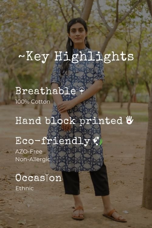 Sootisyahi 'Charm of the Sea' Azofree Handblock Printed Pure Cotton Kurti - SootiSyahi