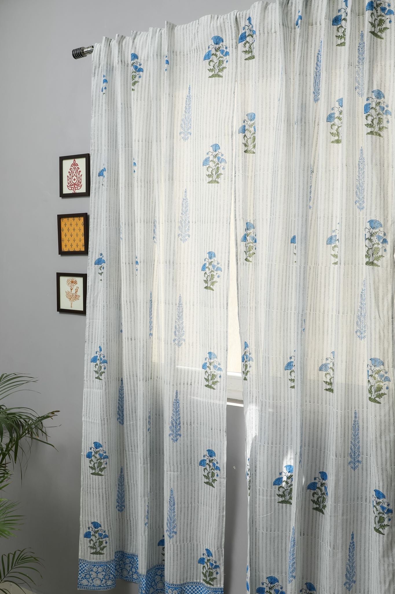 SootiSyahi 'Coral Blue' Handblock Printed Cotton Door Curtain - SootiSyahi