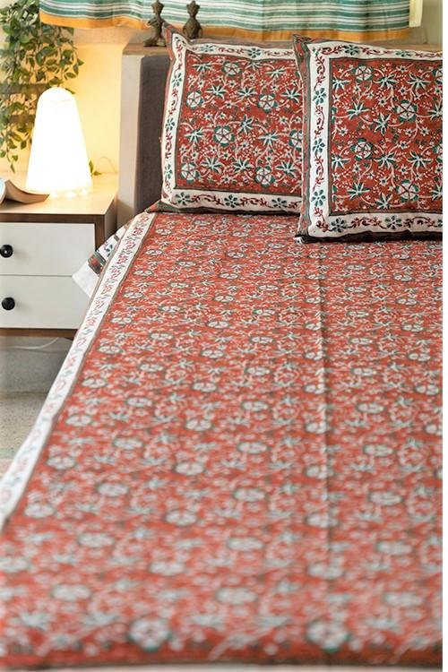 Sootisyahi 'Coral Crush' Handblock Printed Cotton Bedsheet - SootiSyahi