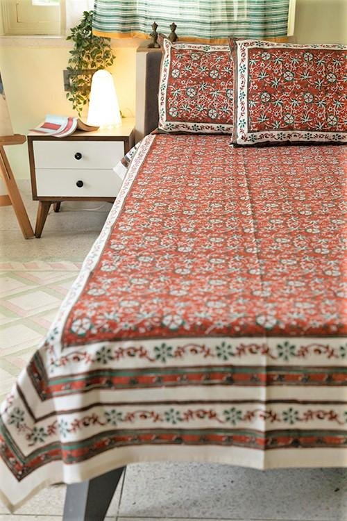 Sootisyahi 'Coral Crush' Handblock Printed Cotton Bedsheet - SootiSyahi
