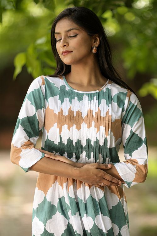 SootiSyahi 'Earthy Fall' Block Printed Cotton Dress - SootiSyahi
