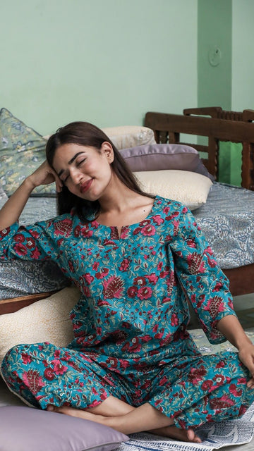 Sootisyahi 'Forest Fantasy ' Azofree Handblock Printed Pure Cotton Night Suit
