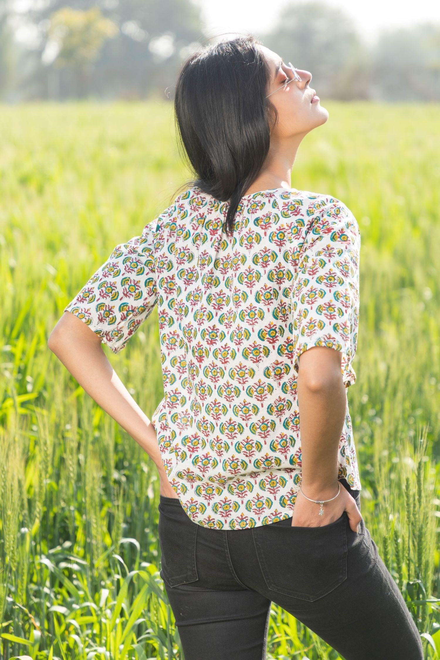 Sootisyahi 'Fresh Flora' Azofree Handblock Printed Pure Cotton Crop Top - SootiSyahi