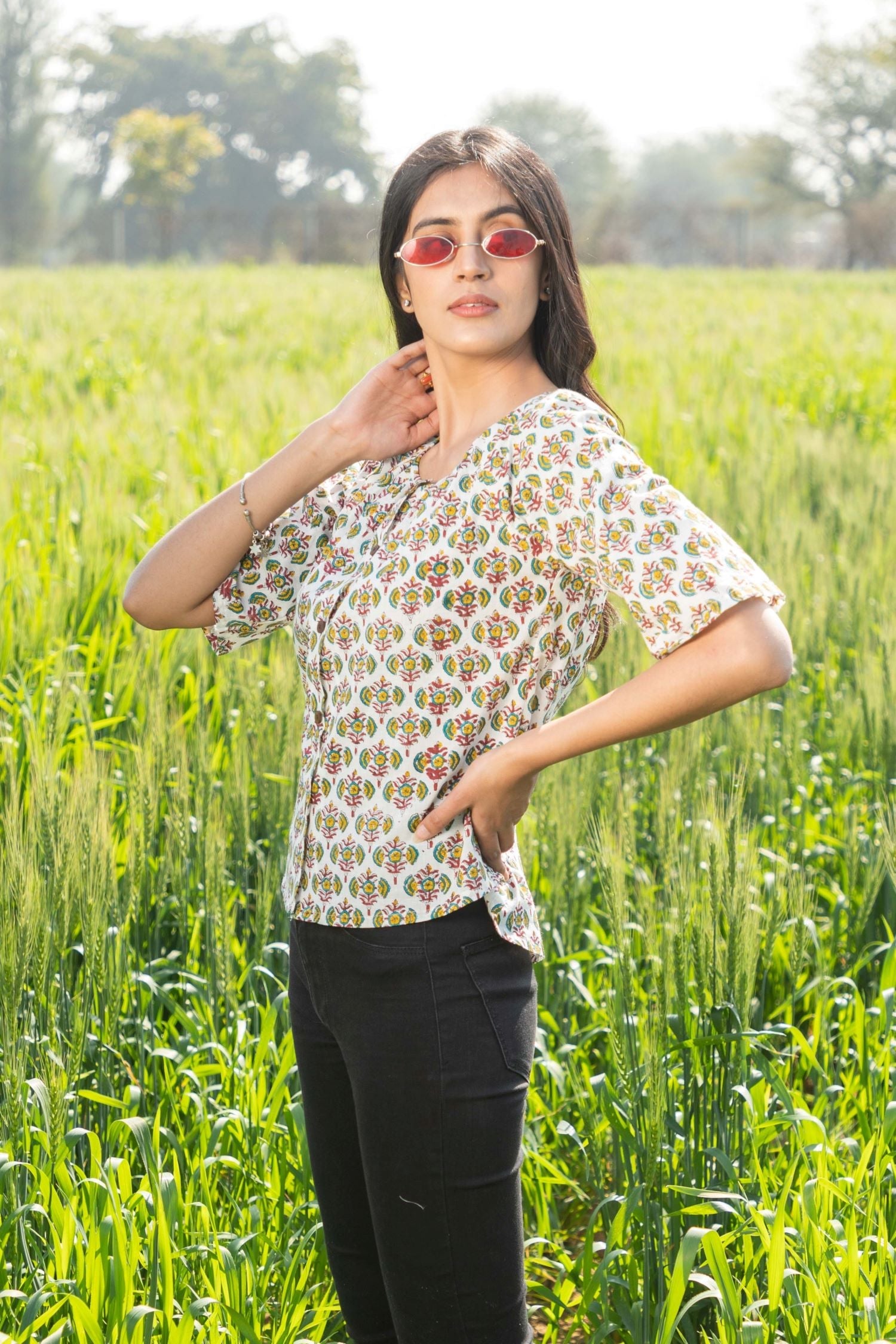 Sootisyahi 'Fresh Flora' Azofree Handblock Printed Pure Cotton Crop Top - SootiSyahi