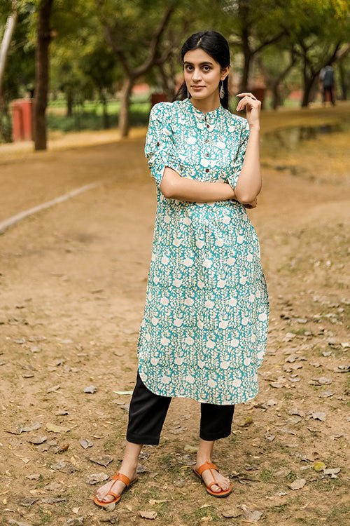 Sootisyahi 'Garden Glory' Azofree Handblock Printed Pure Cotton Kurti - SootiSyahi