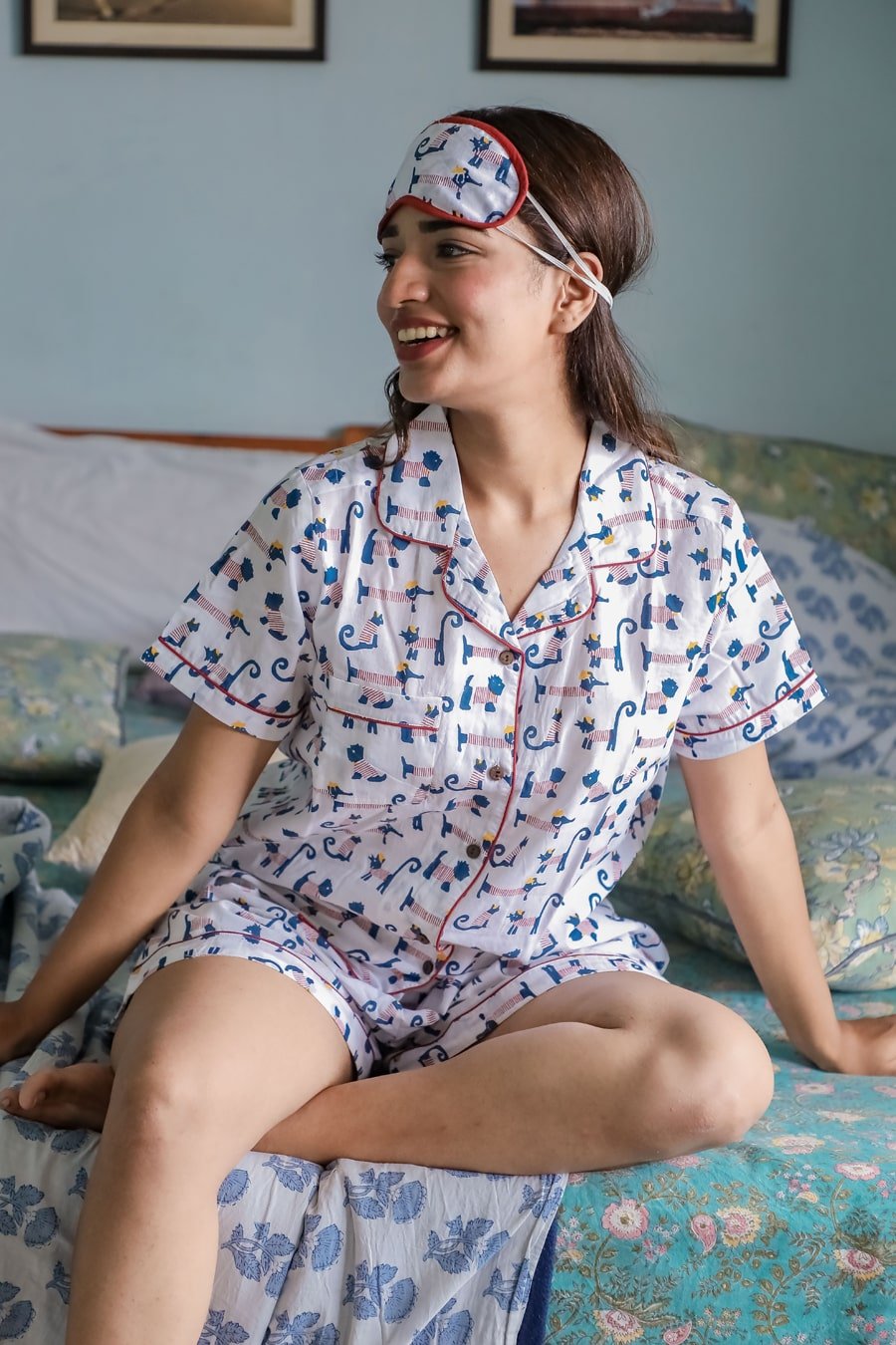 Sootisyahi 'Impish Puppy ' Azofree Handblock Printed Pure Cotton Night Suit - SootiSyahi