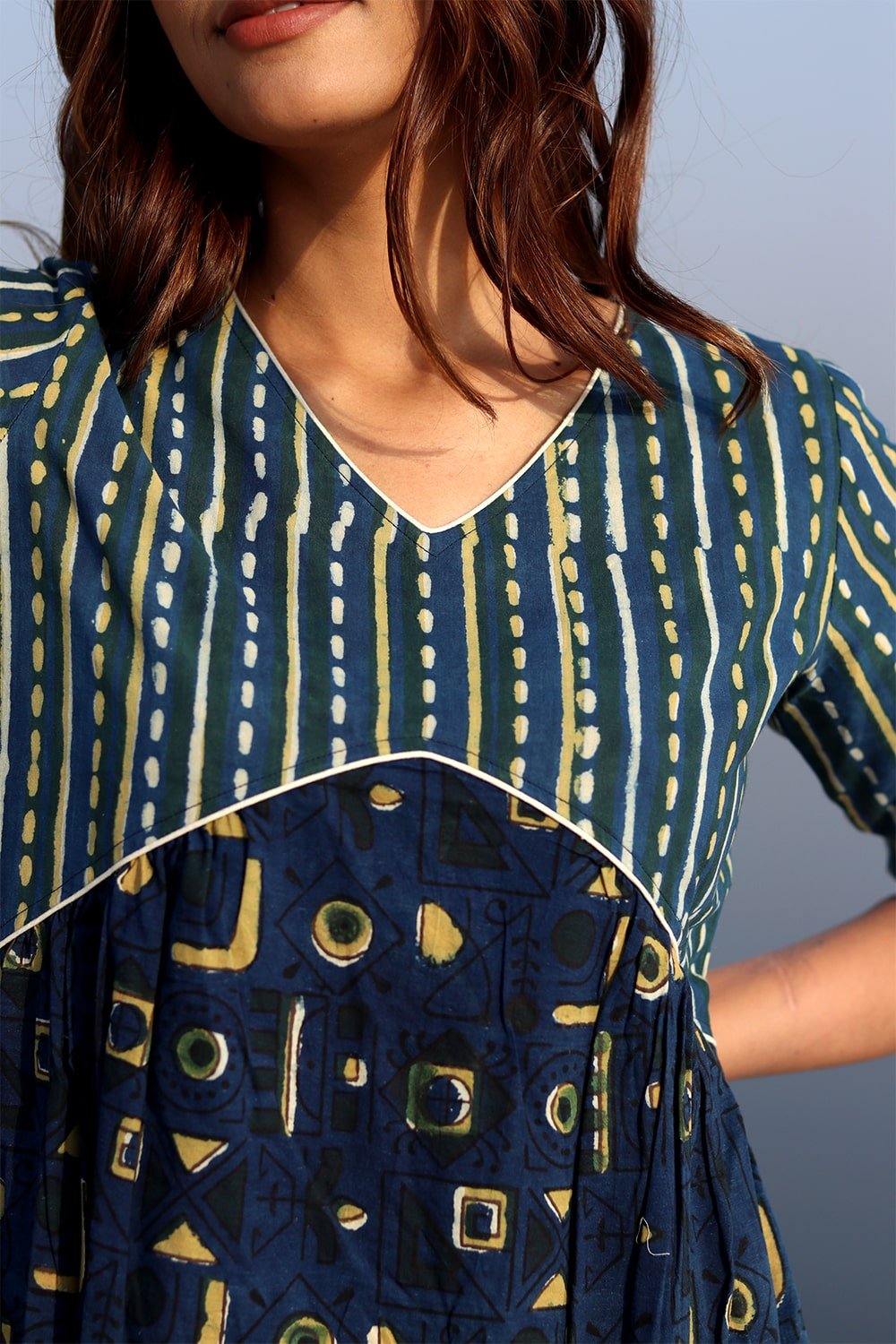 SootiSyahi 'Indigo Fusion' Block Printed Cotton Dress - SootiSyahi