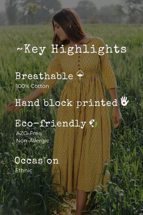 Sootisyahi 'Mustard Medow' Azofree Handblock Printed Pure Cotton Dress - SootiSyahi