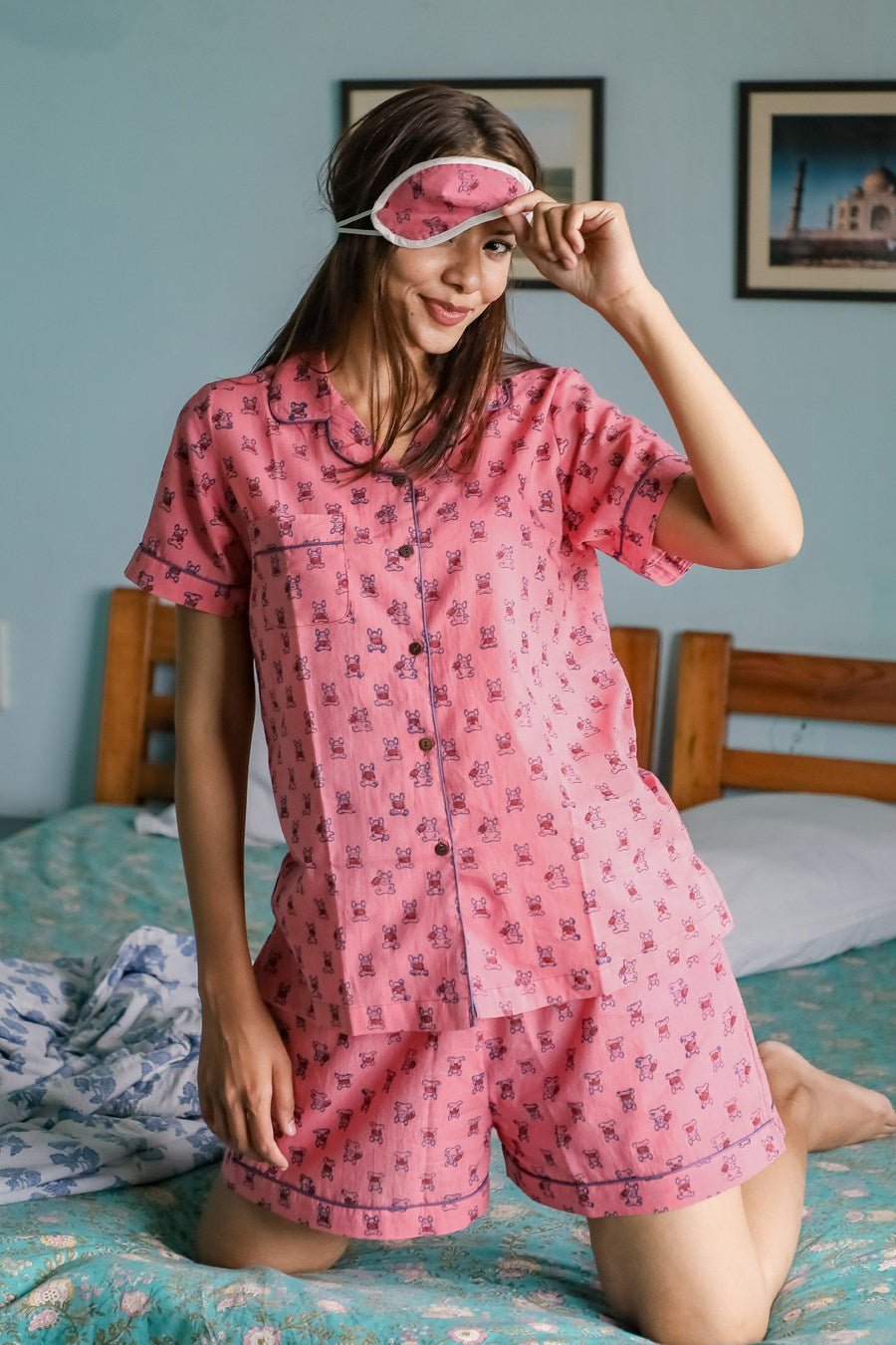 Sootisyahi 'Pinky Puppy ' Azofree Handblock Printed Pure Cotton Night Suit - SootiSyahi