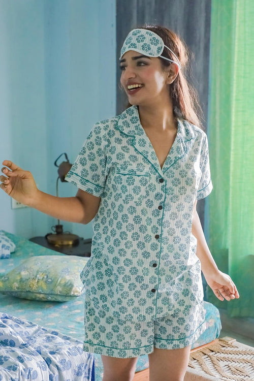 Sootisyahi 'Pretty Petals ' Azofree Handblock Printed Pure Cotton Night Suit - SootiSyahi