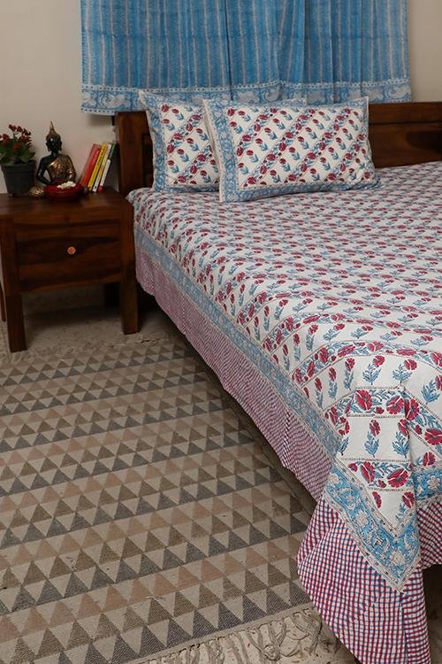 Sootisyahi 'Red Flowered' Handblock Printed Cotton Bedsheet - SootiSyahi