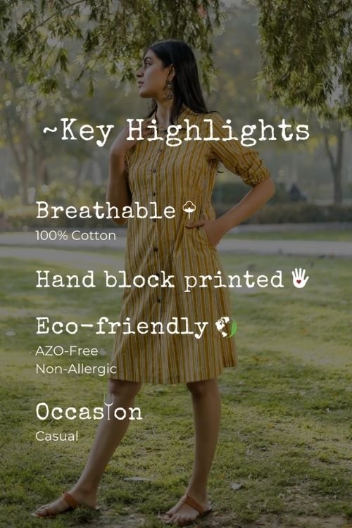 Sootisyahi 'Stripe-n-Stairs' Azofree Handblock Printed Pure Cotton Dress - SootiSyahi