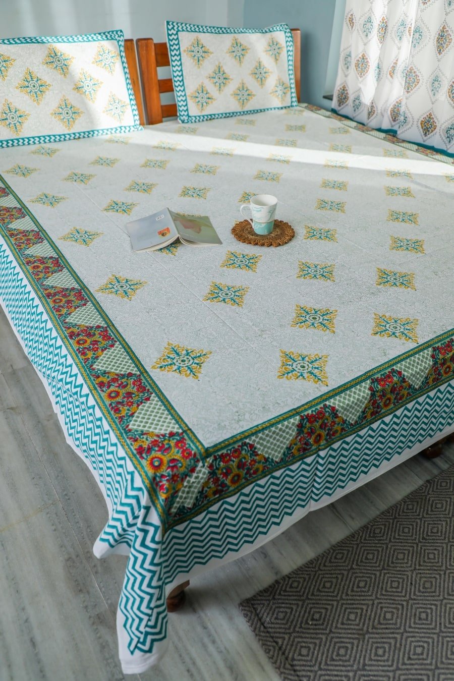 SootiSyahi 'Sweet Magnolia' Handblock Printed Cotton Bedsheet - SootiSyahi