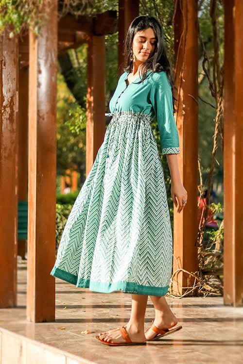 Sootisyahi 'Tropical Oasis' Azofree Handblock Printed Pure Cotton Dress - SootiSyahi