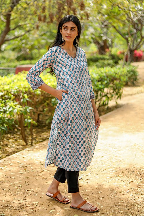 Sootisyahi 'Verdant Floret' Azofree Handblock Printed Pure Cotton Kurti - SootiSyahi