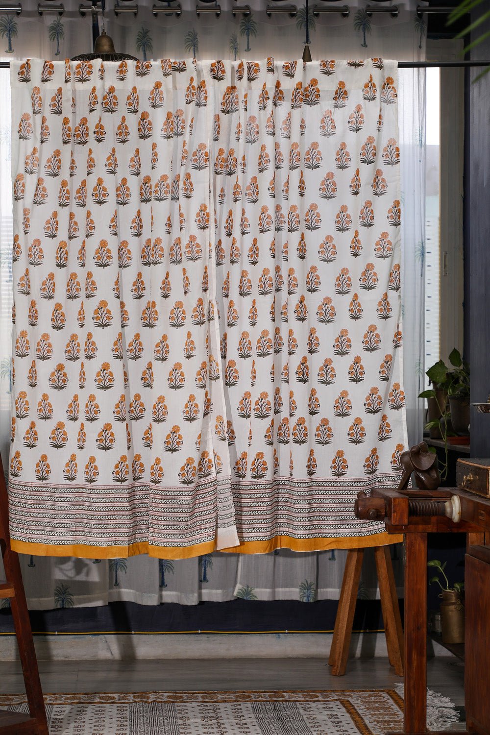 SootiSyahi 'Yellow Daisy' Handblock Printed Cotton Window Curatin - SootiSyahi
