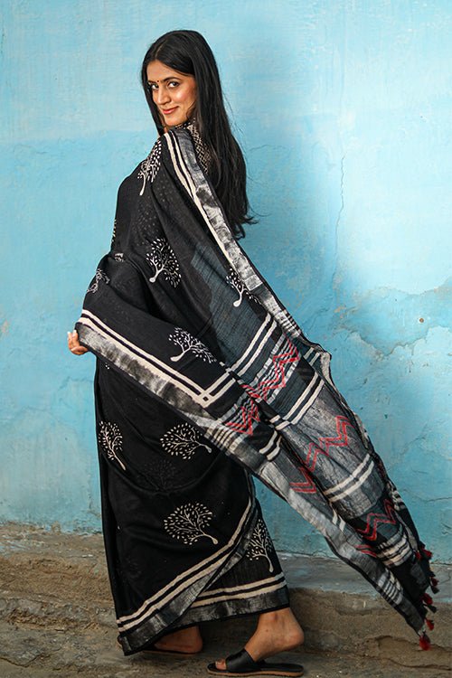 "Twilight" CHUNA PATRI HANDBLOCK PRINTED SLUB COTTON SAREE - SootiSyahi