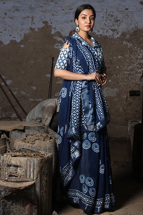 "WHEEL OF TIME" INDIGO DABU HANDBLOCK PRINT SLUB COTTON SAREE - SootiSyahi