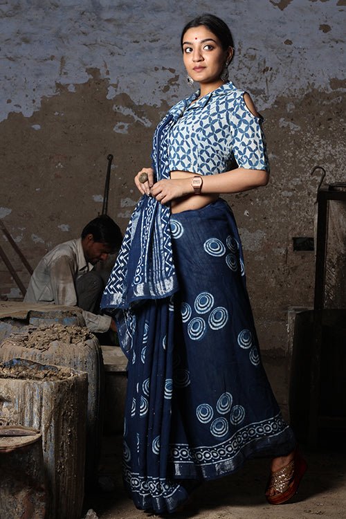 "WHEEL OF TIME" INDIGO DABU HANDBLOCK PRINT SLUB COTTON SAREE - SootiSyahi