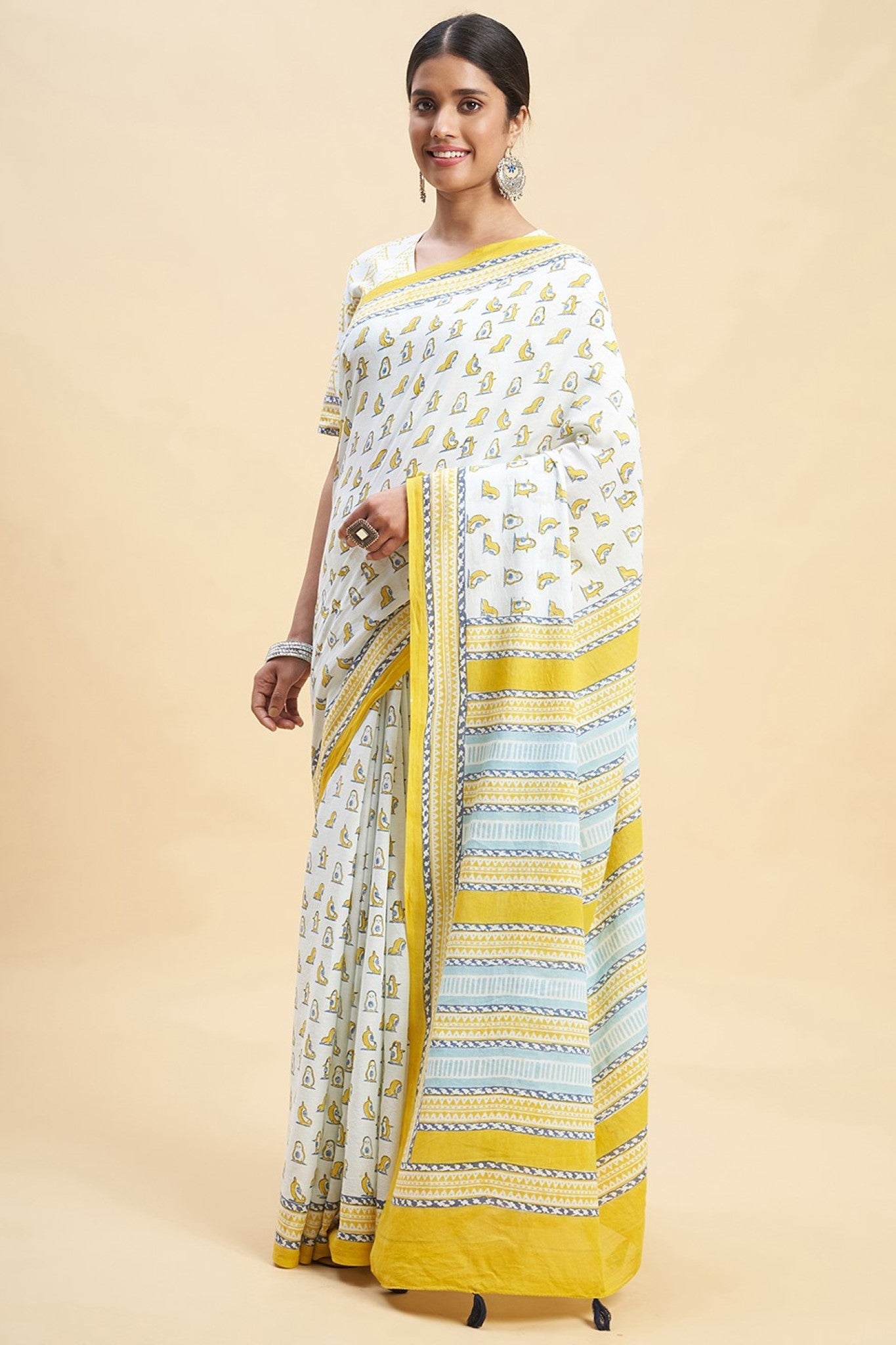 "Yellow Penguins" Block Printed Cotton Saree - SootiSyahi